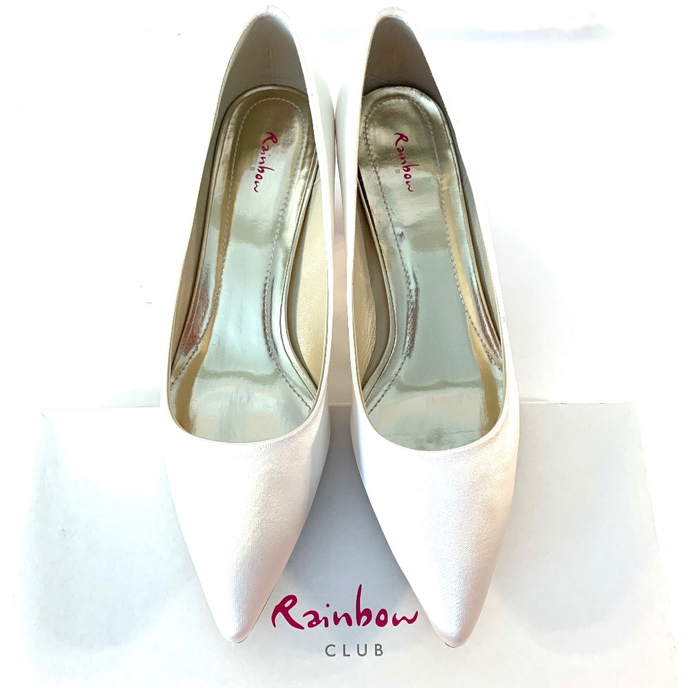 Ivory Satin Pointy-toe Bridal Pumps Dyeable size 9.5 Kitten Heel Rainbow Club